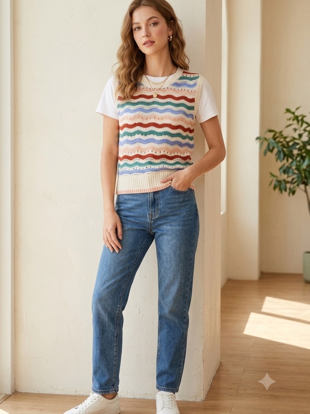 Sleeveless Knit Chevron multicolor Striped Sweater Vest